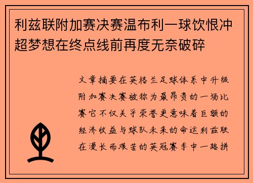 利兹联附加赛决赛温布利一球饮恨冲超梦想在终点线前再度无奈破碎
