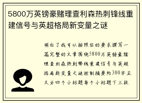 5800万英镑豪赌理查利森热刺锋线重建信号与英超格局新变量之谜 5800万英镑豪赌理查利森热刺锋线重建信号与英超格局新变量之谜