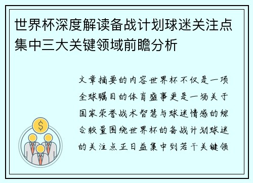 世界杯深度解读备战计划球迷关注点集中三大关键领域前瞻分析