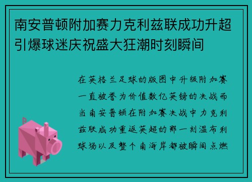 南安普顿附加赛力克利兹联成功升超引爆球迷庆祝盛大狂潮时刻瞬间 南安普顿附加赛力克利兹联成功升超引爆球迷庆祝盛大狂潮时刻瞬间